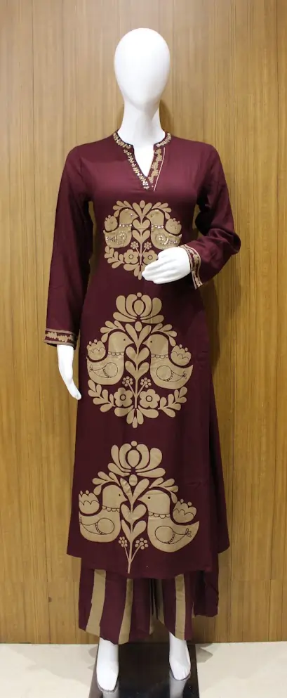 Kurta Set In Deep Maroon With Bird Motif Design