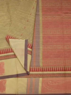 Beige Cream Kovai Cotton Saree In Close Up