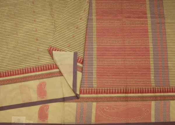 Pure Kovai Cotton Saree In Beige Cream With Vertical Pattern