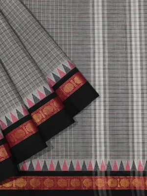 Chettinad Cotton Saree In Grey With Temple Border
