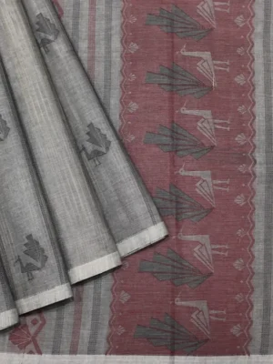 Ash Grey In Kovai Cotton Saree With Peacock Motifs