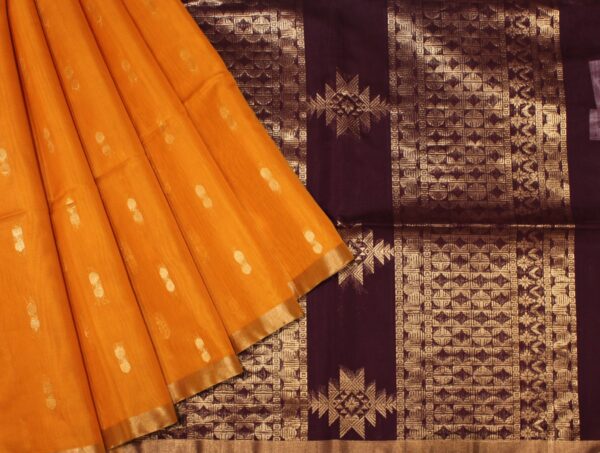 Mustard Silk Cotton Saree Zari Buttas