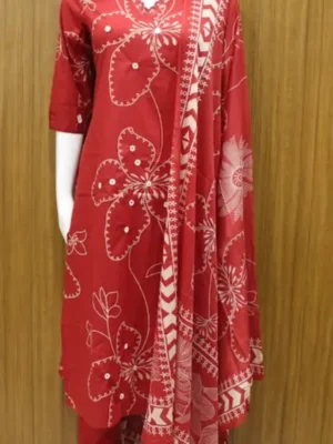 Salwar Suit In Red Floral Pattern
