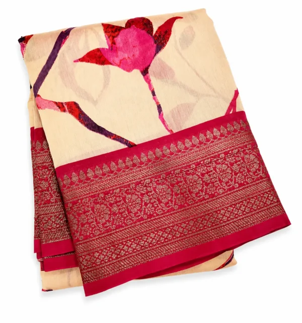 Beige Chanderi Saree With Pink Zari