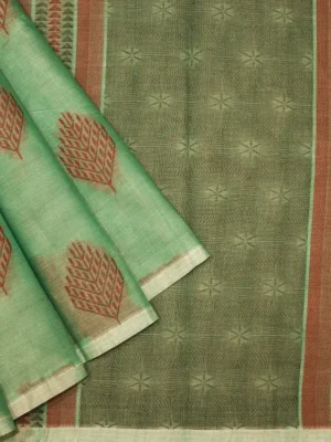 Pure Kovai Cotton Saree In Sea Green With Thread Leaf