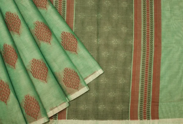 Pure Kovai Cotton Saree In Sea Green With Thread Leaf