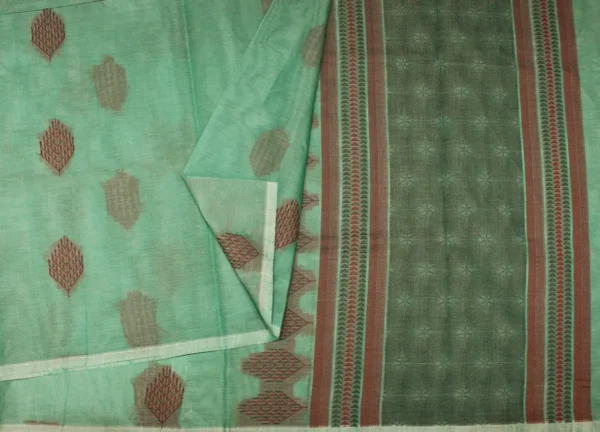 Pure Kovai Cotton Saree In Sea Green With Thread Leaf