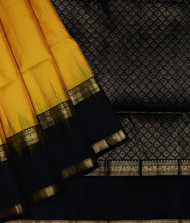 Yellow Blck Soft Silk Saree In Photo