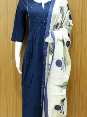 Salwar Set In Navy Blue With Floral Print Dupatta