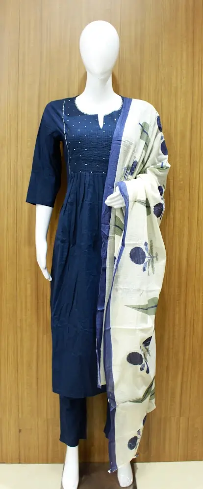 Salwar Set In Navy Blue With Floral Print Dupatta
