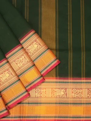 Chettinad Cotton Saree In Dark Green With Annapakshi Motifs