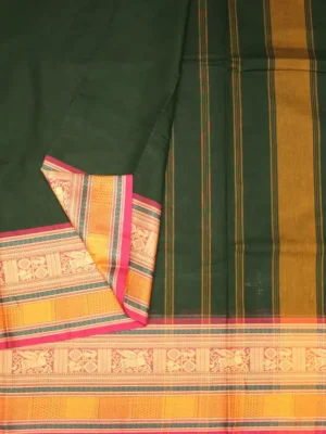Dark Green Chettinad Cotton Saree In Close up Picture