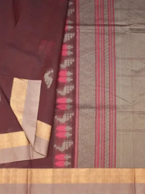 Close-up of checks pattern and thread work temple motifs on dark wine Kovai cotton saree