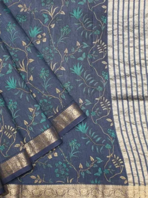 Pure Tussar Silk Saree In Slate Blue Base With Zari Border
