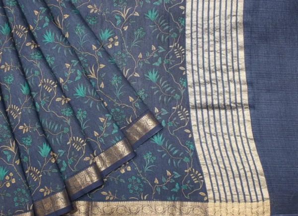 Pure Tussar Silk Saree In Slate Blue Base With Zari Border
