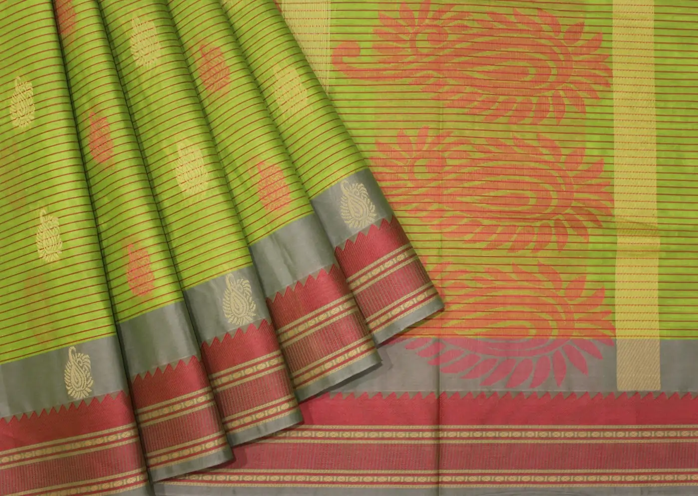 Olive Green In Kovai Cotton Saree In Threadwork Buttas