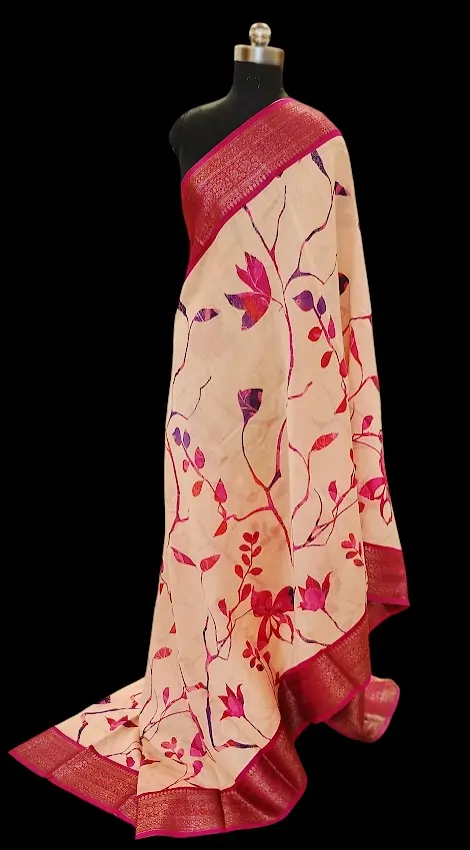Beige Chanderi Saree With Pink Zari