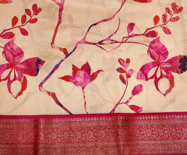 Beige Chanderi Saree With Pink Zari