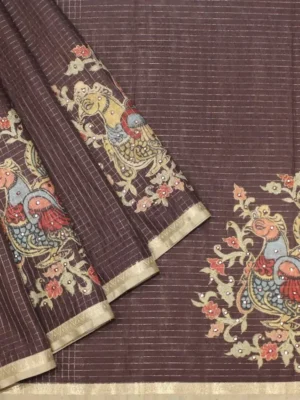 Semi Tussar Saree In Chocolate Brown With Kalamkari Peacock