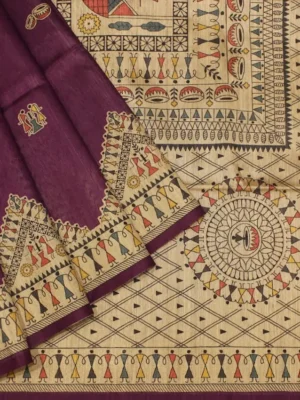 Semi Tussar Saree In Magenta Saree With Warli Print