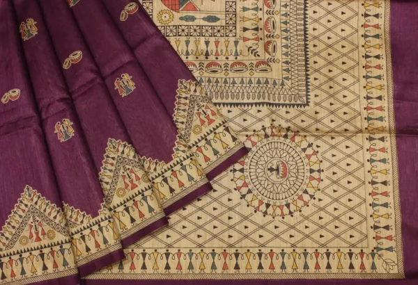 Semi Tussar Saree In Magenta Saree With Warli Print