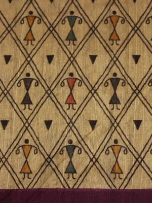 Close-up of Warli print design on magenta semi tussar saree