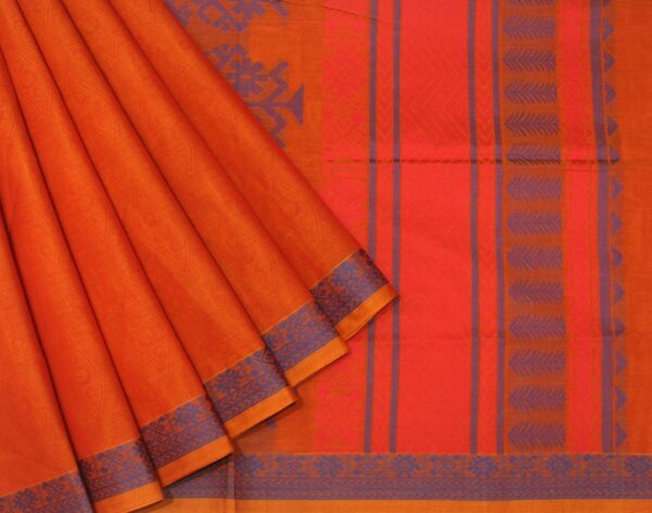 Neon Orange Embossed Kovai Cotton Saree