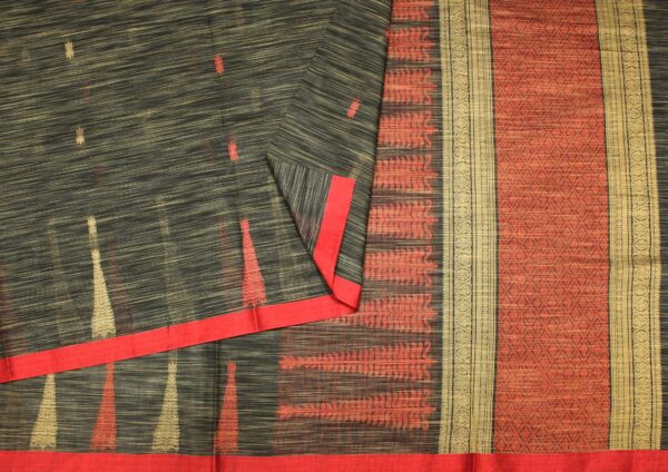 Black Handloom Kovai Cotton Saree With Temple Border
