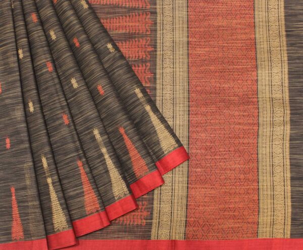 Black Handloom Kovai Cotton Saree With Temple Border