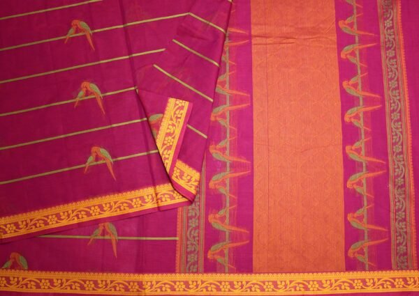 Rani Pink Kovai Cotton Saree with Parrot Motifs