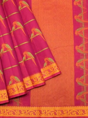 Rani Pink Kovai Cotton Saree with Parrot Motifs