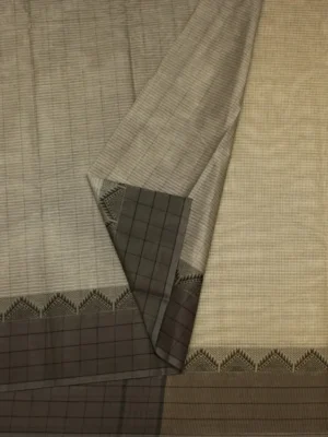 Close-up of checks border and temple thread work on Warm Grey Kovai Cotton Saree