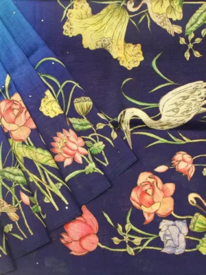 Navy Blue Kalamkari Semi Tussar Saree