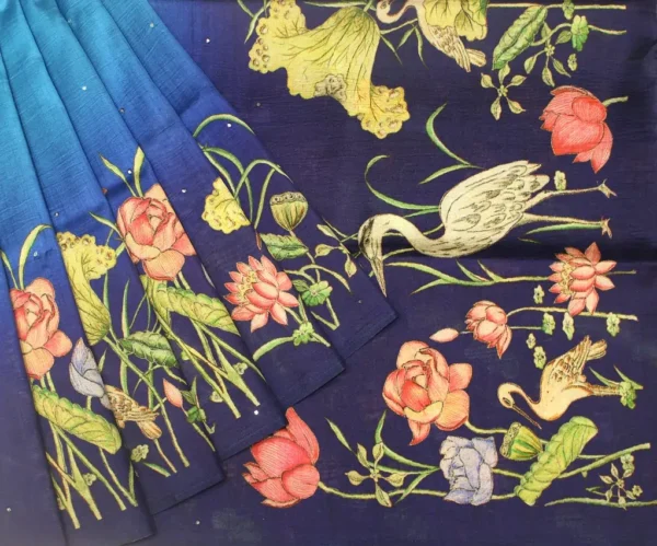Navy Blue Kalamkari Semi Tussar Saree