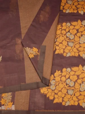 Close-up of antique gold floral zari buttas and vertical woven stripes on Coffee Brown Kovai Cotton Saree