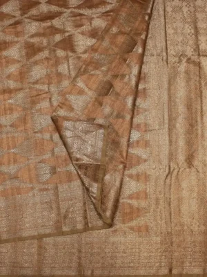 Close-up of zari woven floral and paisley motifs on Copper Brown Semi Banarasi Saree
