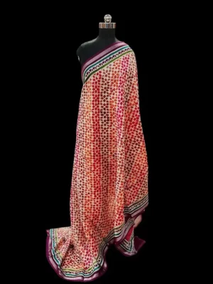 Close-up of red and orange leaf butta motifs on Cream Chanderi Cotton Saree