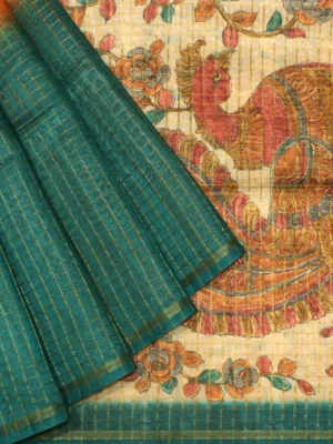 Semi Tussar Kalamkari Saree In Cyan Blue