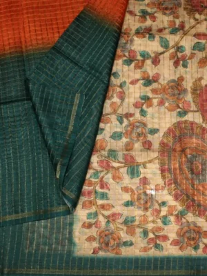 Close-up of zari checks and Kalamkari peacock motifs on Cyan Blue Semi Tussar Saree