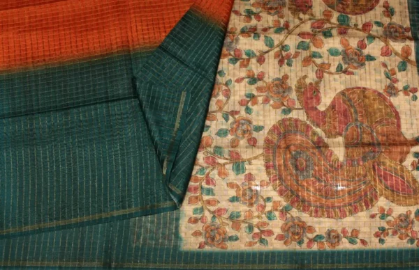Semi Tussar Kalamkari Saree In Cyan Blue