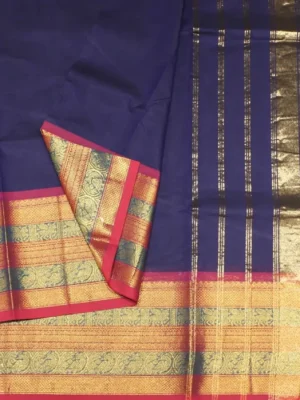deep navy blue chettinad cotton saree in long border Full Fleat
