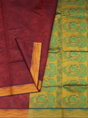 Close-up of leaf floral thread work motifs on Deep Maroon Embossed Cotton Saree