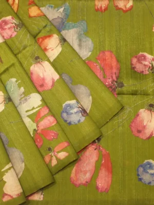 Olive Green Floral Semi Tussar Saree