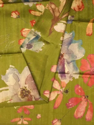 Olive Green Floral Semi Tussar Saree In Close Up