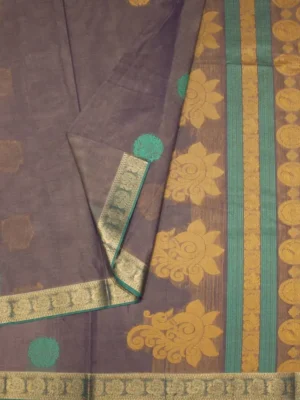 Close-up of double-shade thread work buttas and golden zari peacock border on Greyish Purple Kovai Cotton Saree