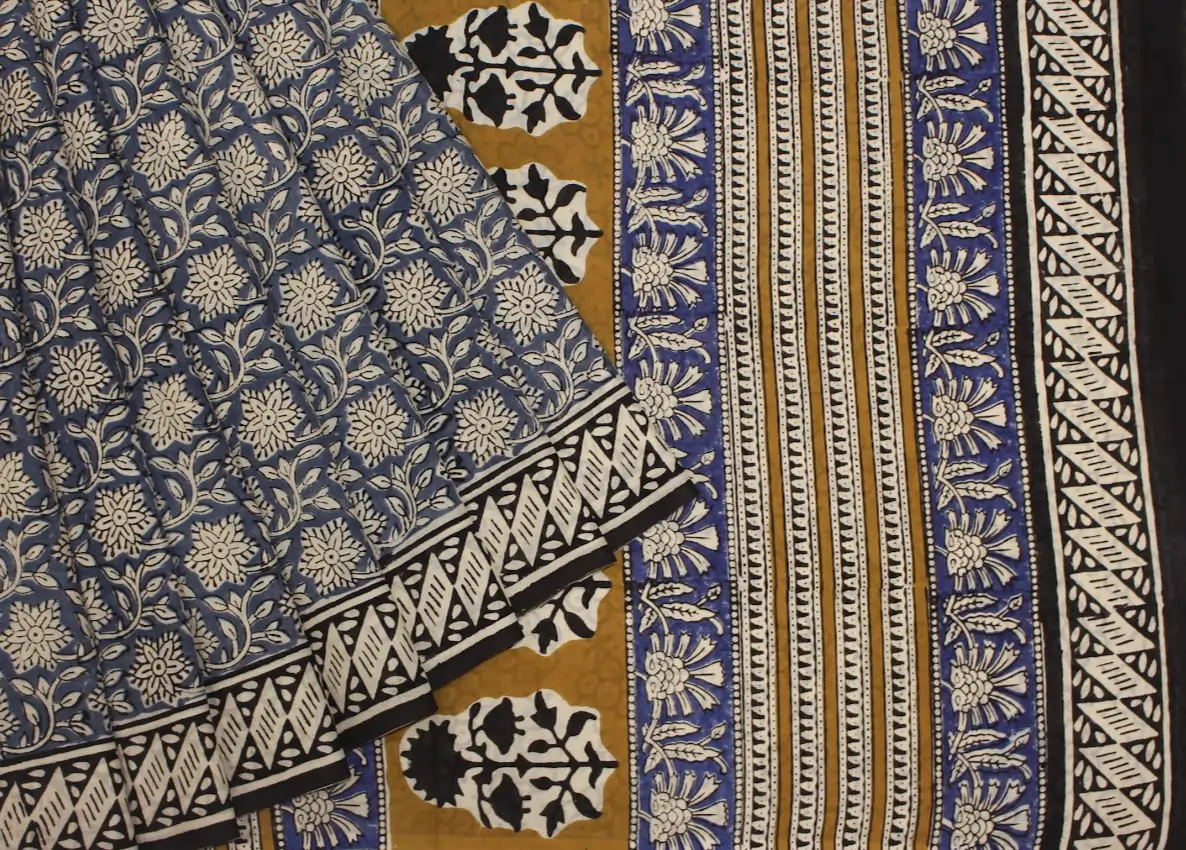 Light Blue Mulmul Cotton Saree With Bagru