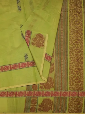 Close-up of peacock thread work motifs on Light Green Handloom Kovai Cotton Saree