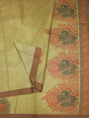 Close-up of peacock and tree branch thread work motifs on Light Green Kovai Cotton Saree
