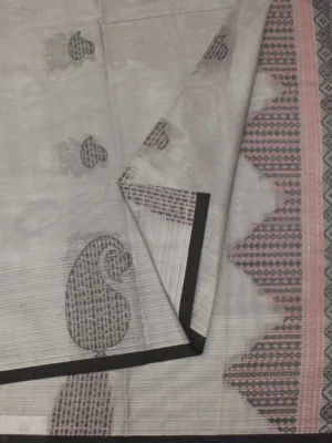 Close-up of paisley thread work motifs on Light Grey Kovai Cotton Saree