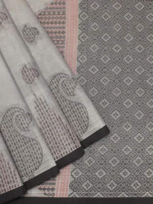 Light Grey Kovai Cotton Saree with paisley thread work motifs and contrast border